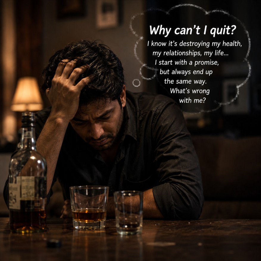 Man struggling with addiction at a table